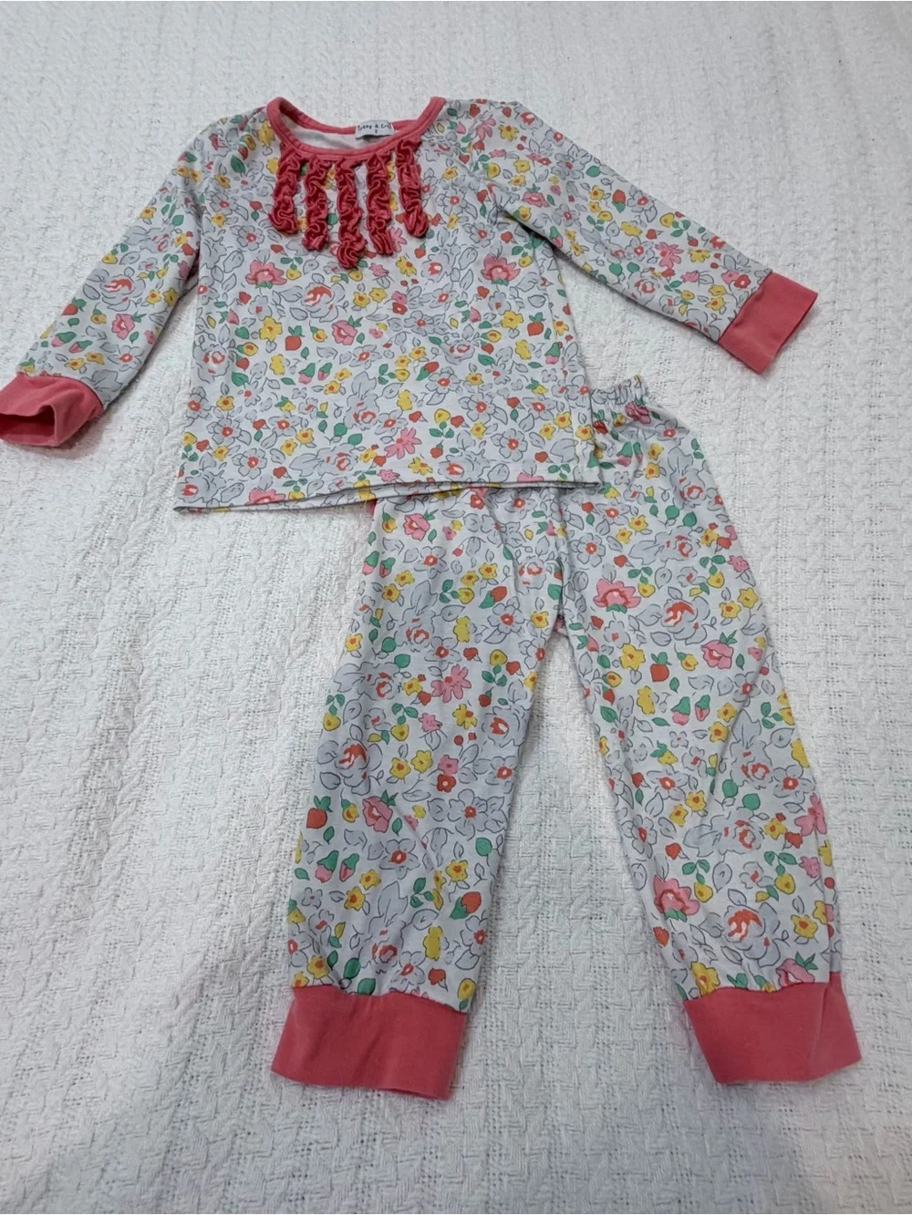 Girls' Floral Ruffle-Trim Cotton Pajama Set in Pink
